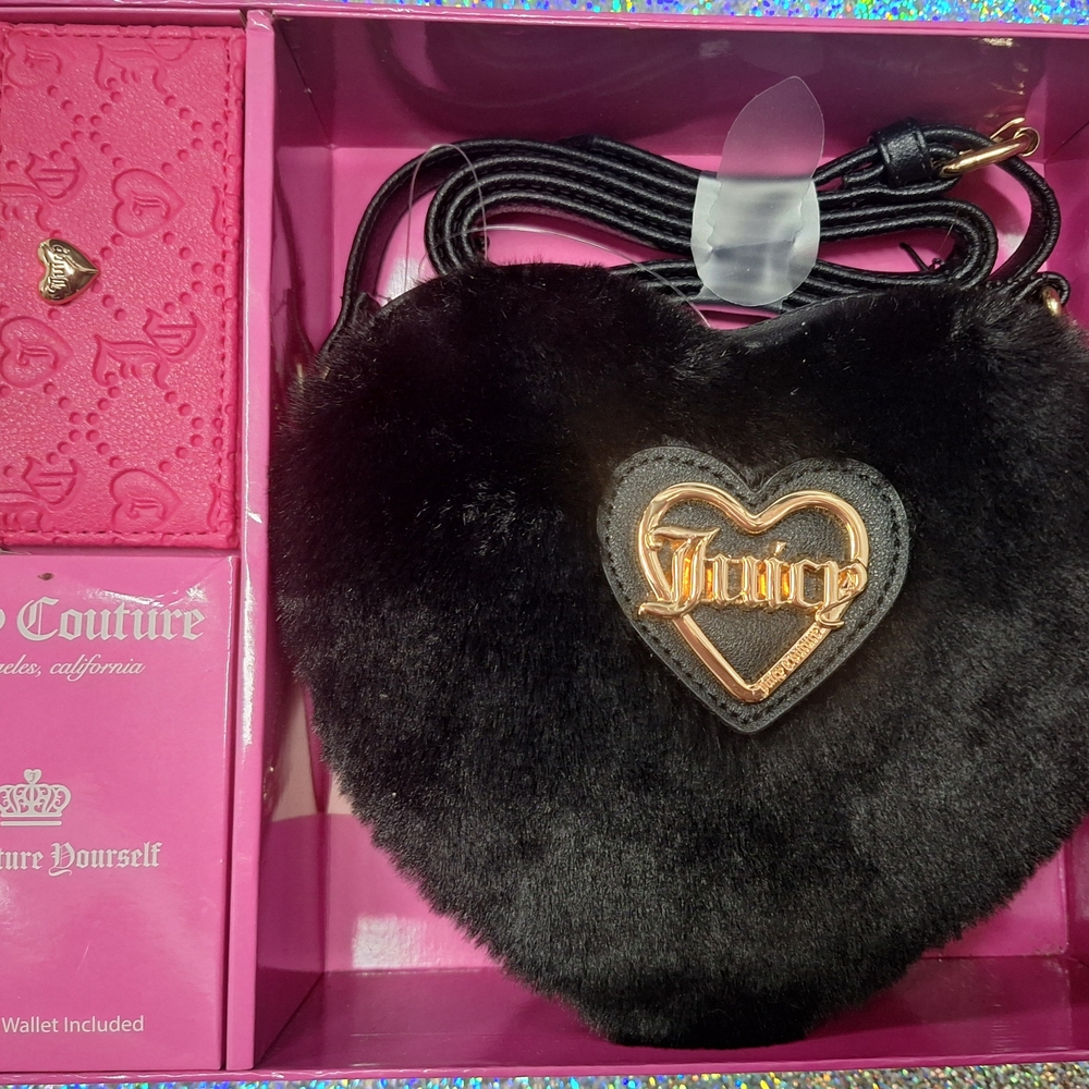 Juicy Couture Black Heart-Shaped Fuzzy Bag with pink credit card wallet.